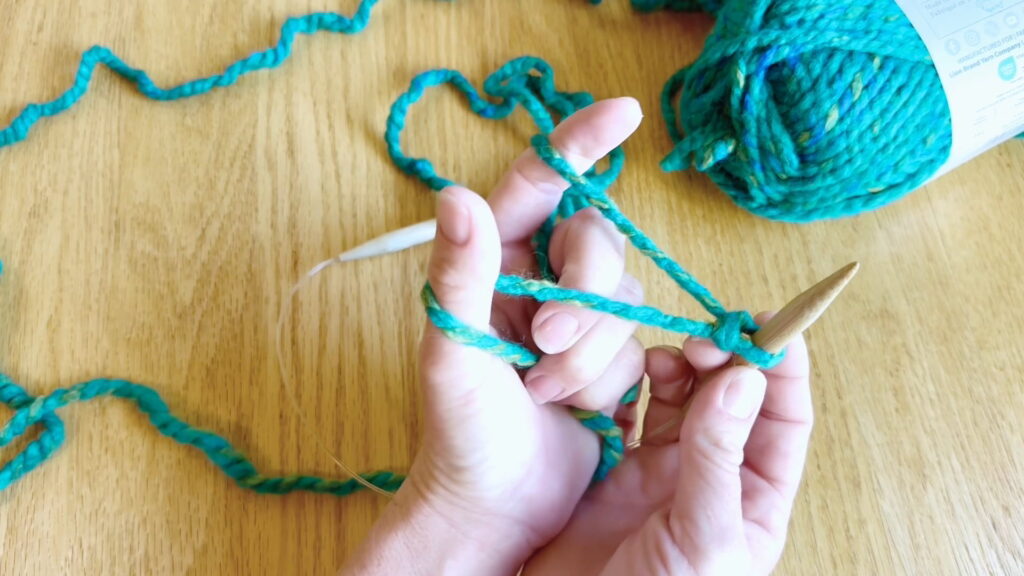 Left hand rotated so the thumb and pointer finger each hold a strand of yarn for the cast on.