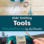 Kids' knitting tools displayed - super-bulky yarn, circular knitting needles, measuring tape and scissors.