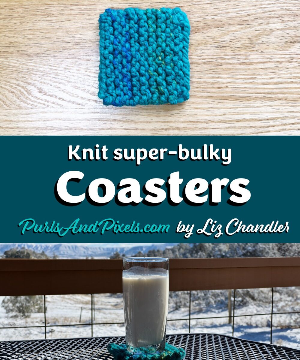 Learn to knit super-bulky coasters with this free knitting pattern. This is the first pattern in Liz Chandler's Kids' Knitting Guide. Pictured indoors on a wooden table and outdoors in a snowy landscape on a purple patio table with a glass of milk resting on top.