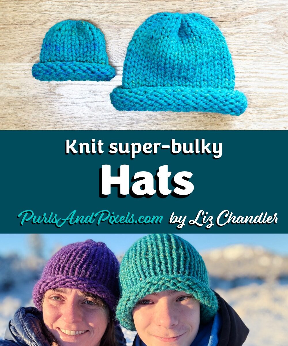 Super bulky knit hats made with the free knitting pattern, laid on a table and modeled on a child and adult.