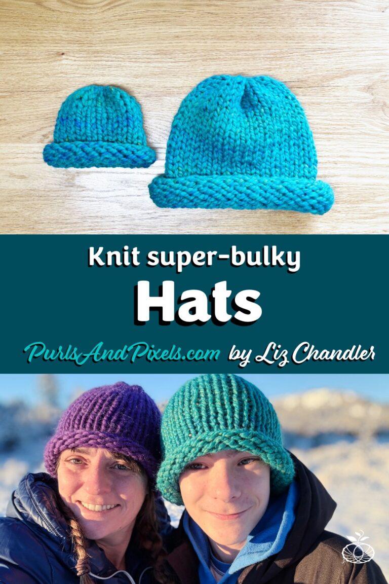 Super bulky knit hats made with the free knitting pattern, laid on a table and modeled on a child and adult.