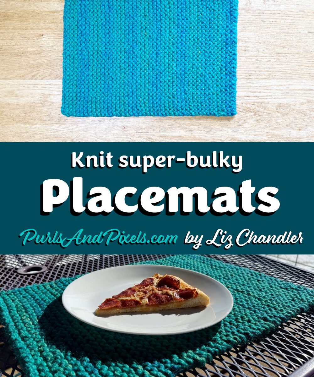 Completed Super-Bulky Placemat from the Free Knitting Pattern in Wool-Ease Thick and Quick Bluegrass a teal blue color.