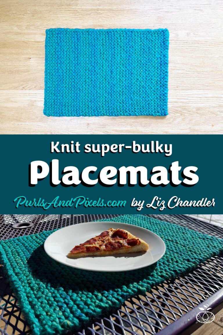 Completed Super-Bulky Placemat from the Free Knitting Pattern in Wool-Ease Thick and Quick Bluegrass a teal blue color.