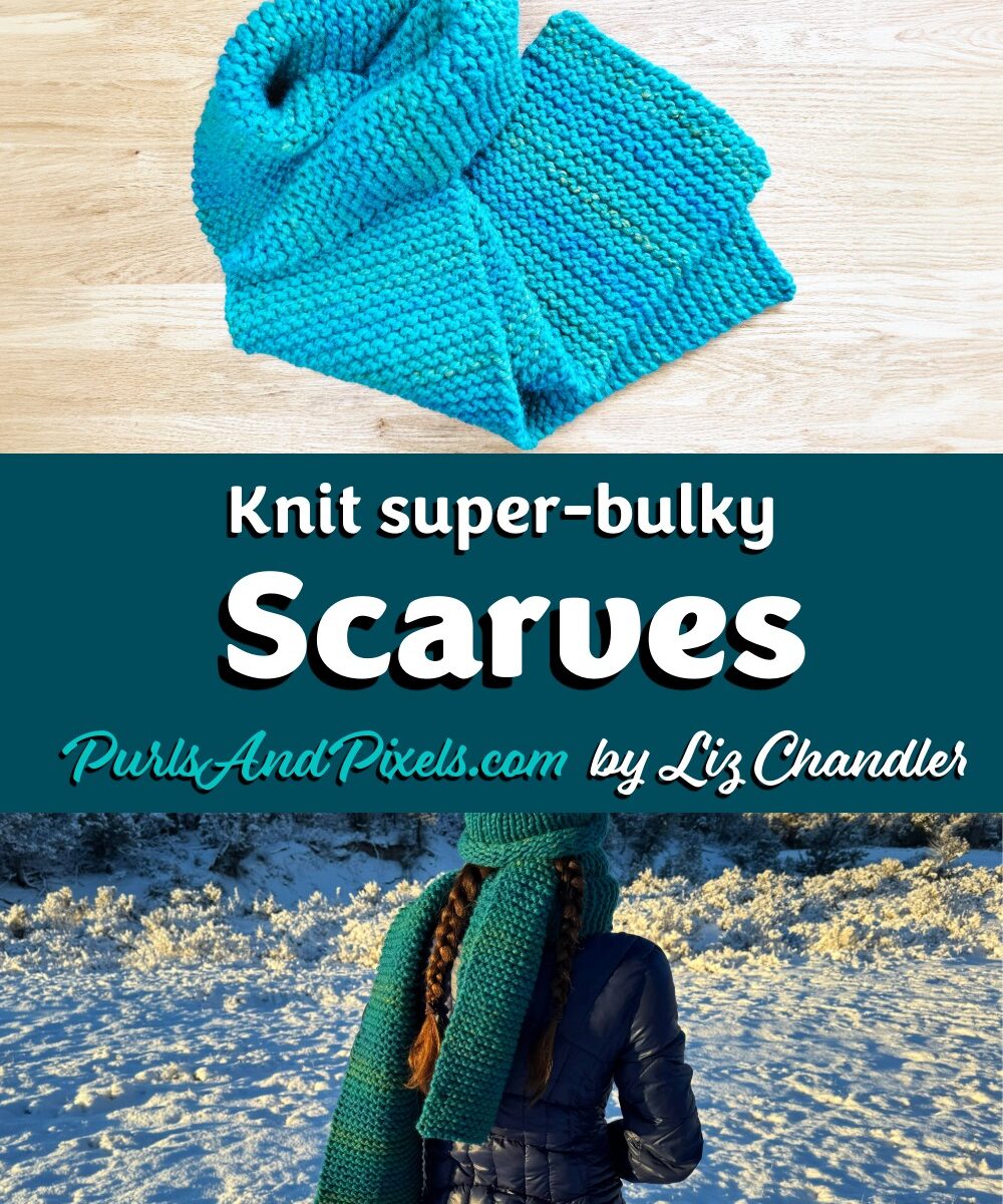 Completed Super-Bulky Scarf from the Free Knitting Pattern in Wool-Ease Thick and Quick Bluegrass a teal blue color.