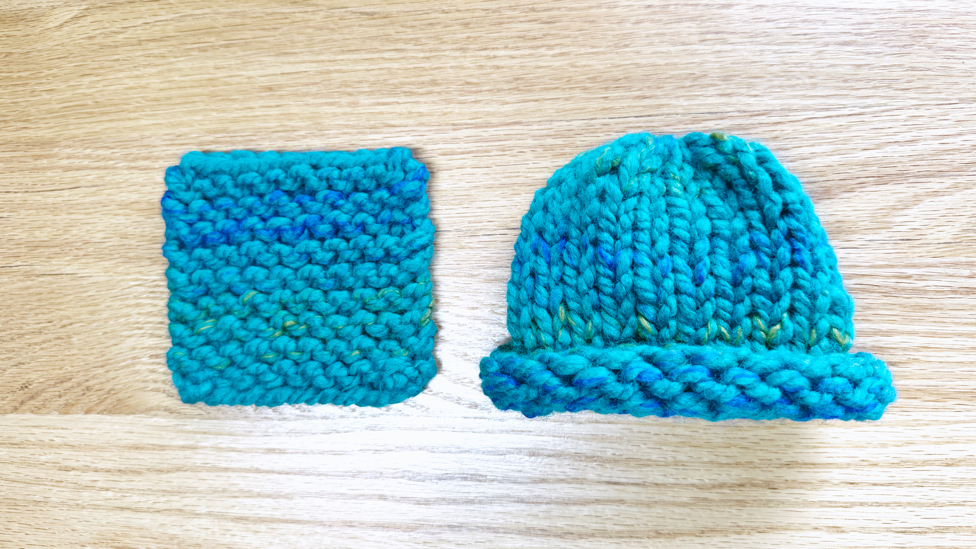 Beginner knitting projects showing a finished coaster and a simple knit hat for kids.