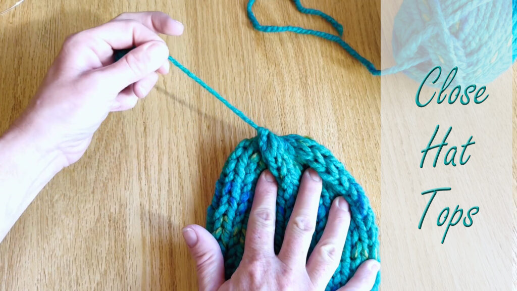 Kids' Knitting Guide – stitches remaining on circular needles before drawing yarn through to finish a knitted hat.