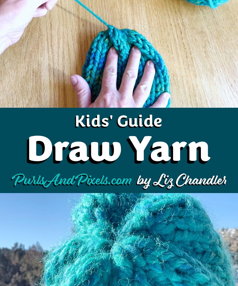 Lesson 9, Kids' Knitting Guide – drawing yarn through remaining stitches to close the top of a knitted hat.